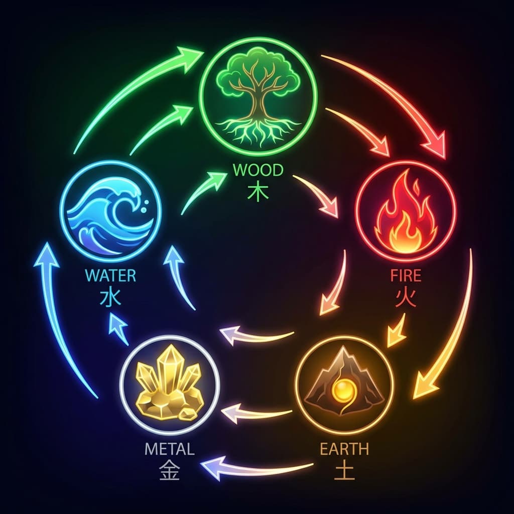 五行相生循环图：木生火，火生土，土生金，金生水，水生木