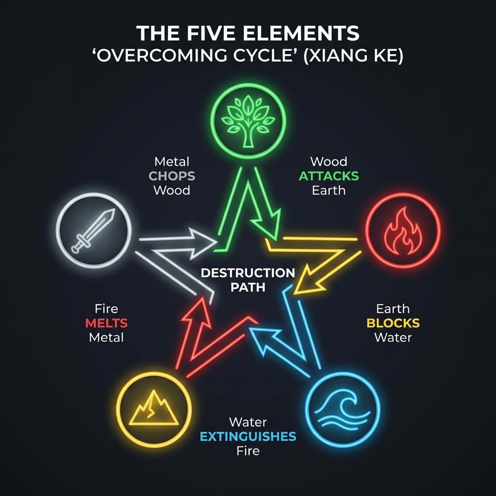 五行相克循环图：木克土，土克水，水克火，火克金，金克木